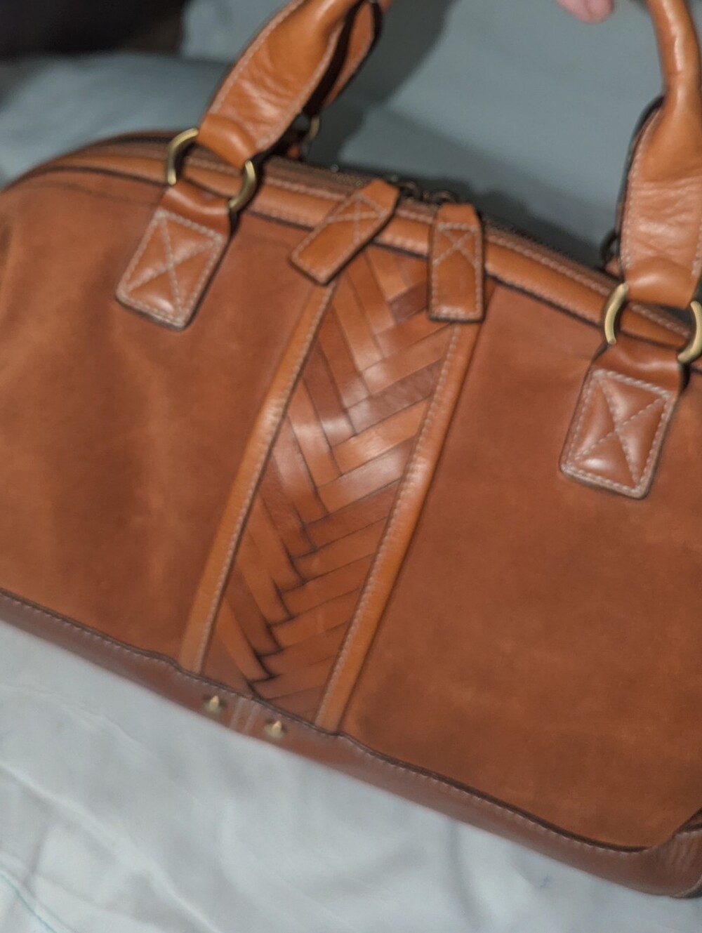 Cole Haan Cognac Brown Suede With Leather Woven Accent Duffle Bag - Picture 4 of 14